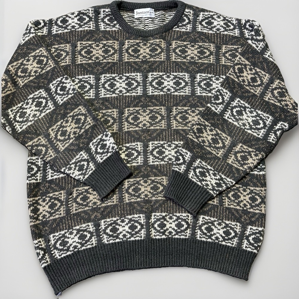 Vintage 90s Jantzen Abstract Geometric Brown Grey Sweater XL Wool Mohair Canada